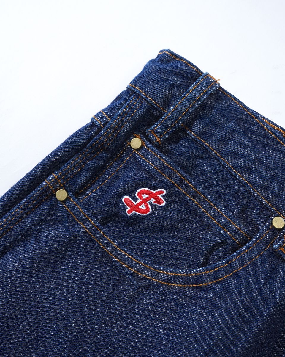 Cash Only Logo Baggy Denim Jeans Raw Indigo