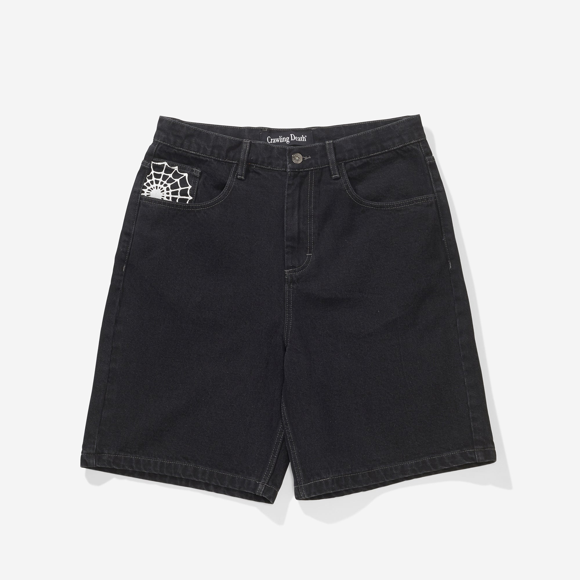 Crawling Death Web Denim Shorts Washed Black