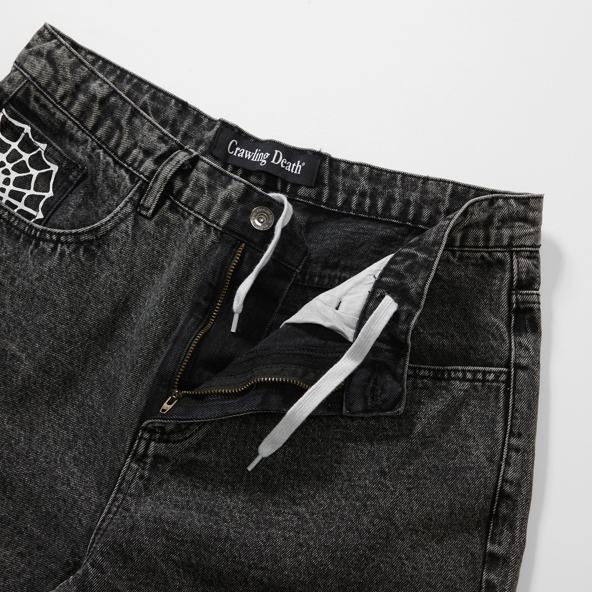 Crawling Death Web Denim Shorts Acid Black