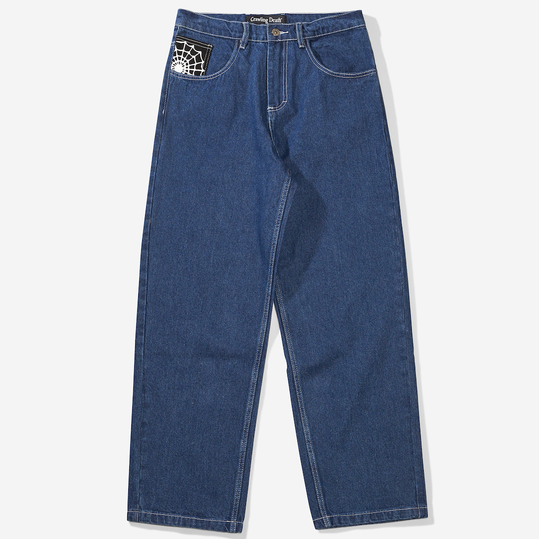 Crawling Death Web Denim Jeans Blue + White Stitch