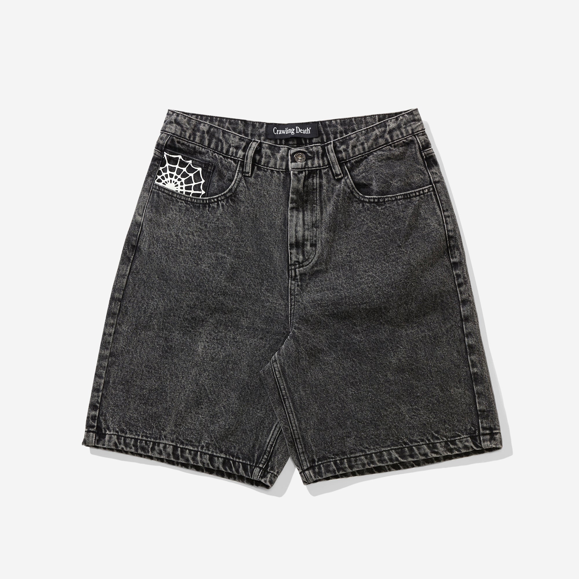 Crawling Death Web Denim Shorts Acid Black