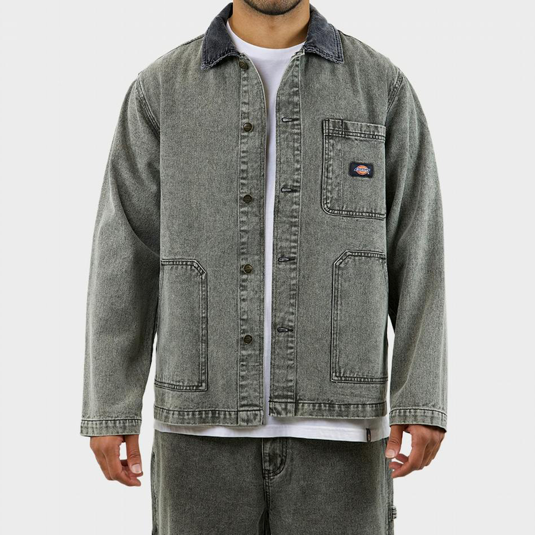 Dickies Fair Oaks Aged Denim Unlined Chore Jacket Stone Washed Charcoal