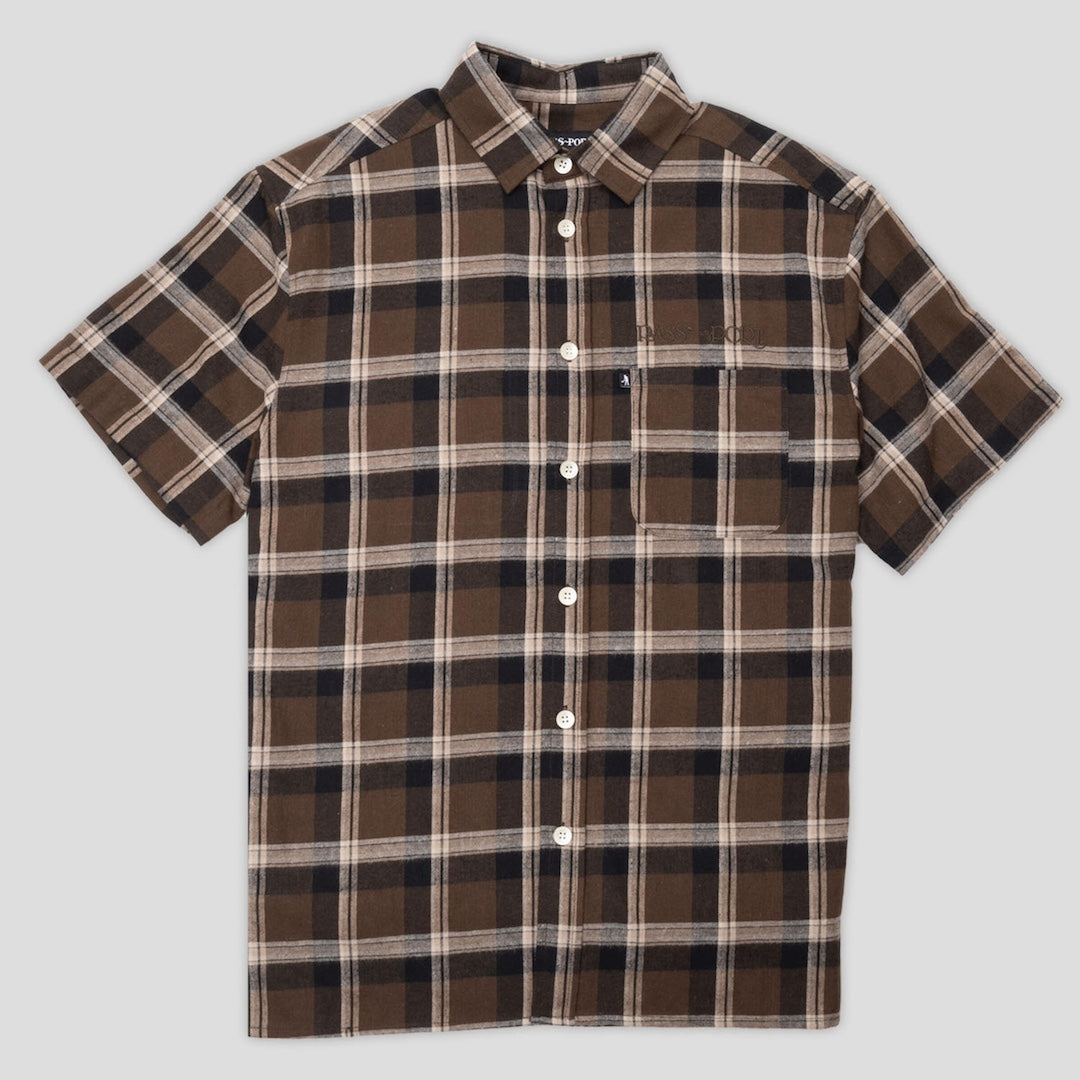 Pass~Port Stem Logo Workers Check Short Sleeve Shirt Brown